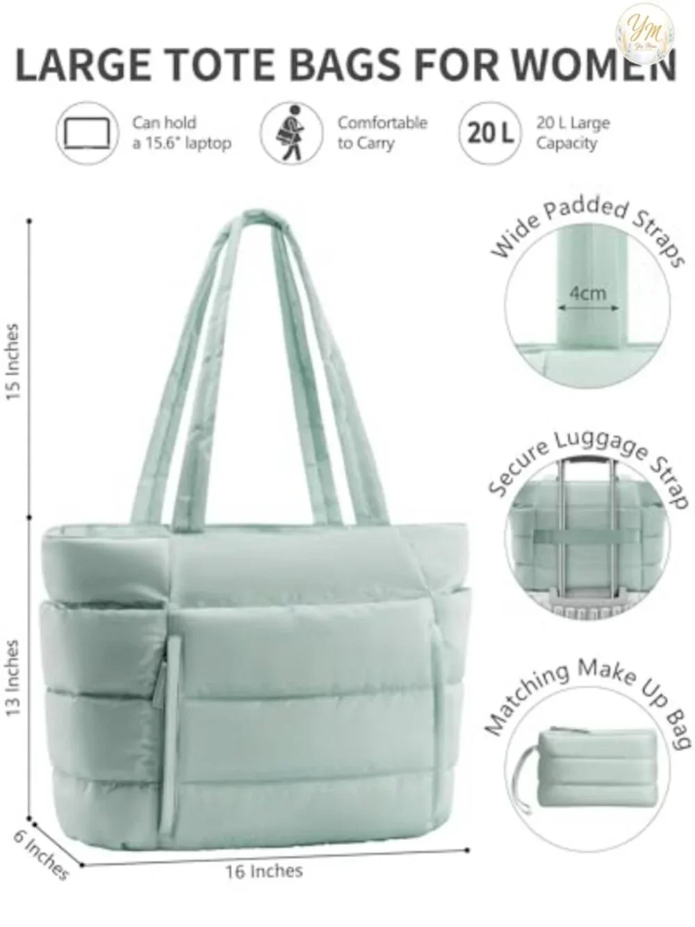 Puffer Tote Bag for Women, Lightweight Quilted Work Gym Travel Laptop Bag